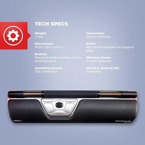 Contour Design Ultimate Workstation Red Wireless - تتضمن لوحة مفاتيح RollerMouse Red & Balance - مجموعة لوحة مفاتيح وماوس لاسلكية مريحة - متوافقة مع أجهزة كمبيوتر Mac والكمبيوتر الشخصي in Kuwait