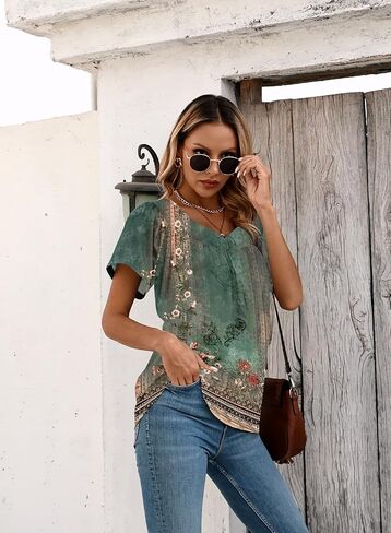 Summer Tops for Women 2024 Trendy Boho Floral Tank Top House Short Sleeve Shirts Loose Fit Basic Casual Dressy Tops in Saudi Arabia