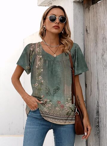 Summer Tops for Women 2024 Trendy Boho Floral Tank Top House Short Sleeve Shirts Loose Fit Basic Casual Dressy Tops in Saudi Arabia