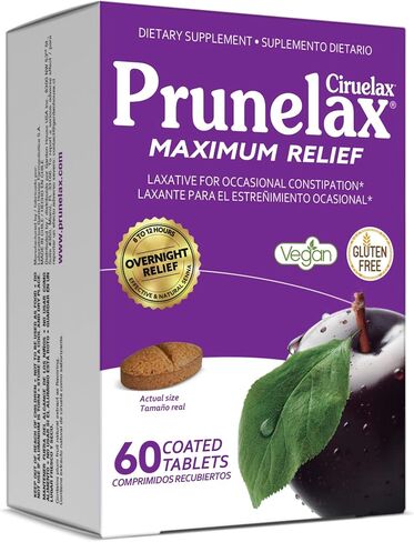 Prunelax Ciruelax Maximum Relief Laxative Tablets with Natural Senna for Occasional Constipation, Senna Extract, Vegan & Gluten-Free, Gentle Overnight Relief - 60ct (Pack of 5) in Saudi Arabia