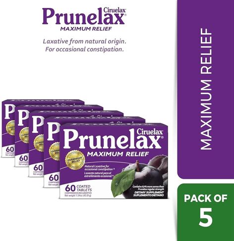 Prunelax Ciruelax Maximum Relief Laxative Tablets with Natural Senna for Occasional Constipation, Senna Extract, Vegan & Gluten-Free, Gentle Overnight Relief - 60ct (Pack of 5) in Saudi Arabia