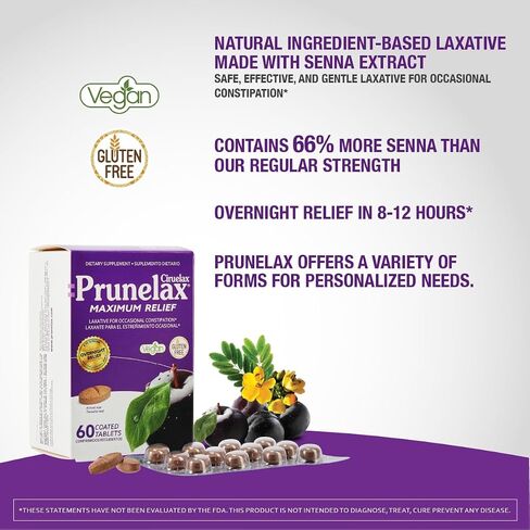 Prunelax Ciruelax Maximum Relief Laxative Tablets with Natural Senna for Occasional Constipation, Senna Extract, Vegan & Gluten-Free, Gentle Overnight Relief - 60ct (Pack of 5) in Saudi Arabia