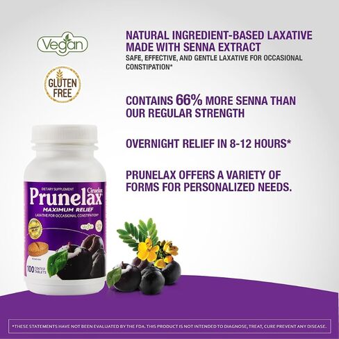 Prunelax Ciruelax Maximum Relief Laxative Tablets with Natural Senna for Occasional Constipation, Senna Extract, Vegan & Gluten-Free, Gentle Overnight Relief - 60ct (Pack of 5) in Saudi Arabia