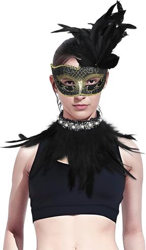 Gothic Feather Choker Collar Cosplay Halloween Costume Face Mask Mardi Gras Neck Wrap Maleficent Raven Witch Costume in Saudi Arabia