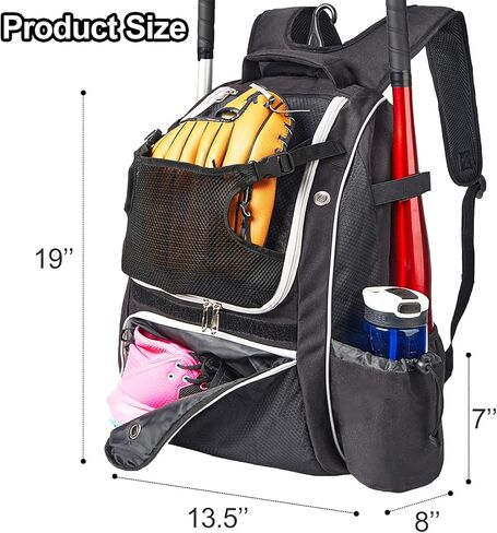 حقيبة ظهر Dotpraise Baseball، حقيبة مضرب بيسبول مع حجرة أحذية ذات فتحات تهوية، ومعدات كرة T-Ball والكرة اللينة، سعة كبيرة تحمل مضربين، وخوذة، وقفازات، ومرابط in Kuwait