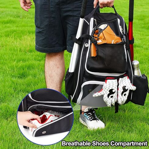 حقيبة ظهر Dotpraise Baseball، حقيبة مضرب بيسبول مع حجرة أحذية ذات فتحات تهوية، ومعدات كرة T-Ball والكرة اللينة، سعة كبيرة تحمل مضربين، وخوذة، وقفازات، ومرابط in Kuwait