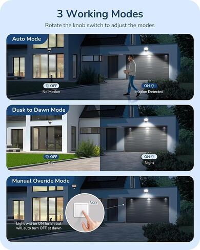 EDISHINE Motion Sensor, 240° & 360° Sensing Angle, Outdoor Motion Sensor 3 Modes, Replacement Motion Sensor, Automatic Dusk to Dawn Motion Sensor, Delay Time & 60FT Detection Range, Black, UL Listed in Kuwait