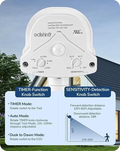 EDISHINE Motion Sensor, 240° & 360° Sensing Angle, Outdoor Motion Sensor 3 Modes, Replacement Motion Sensor, Automatic Dusk to Dawn Motion Sensor, Delay Time & 60FT Detection Range, Black, UL Listed in Kuwait