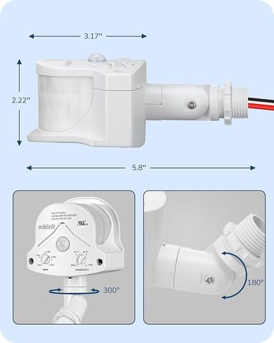 EDISHINE Motion Sensor, 240° & 360° Sensing Angle, Outdoor Motion Sensor 3 Modes, Replacement Motion Sensor, Automatic Dusk to Dawn Motion Sensor, Delay Time & 60FT Detection Range, Black, UL Listed in Kuwait