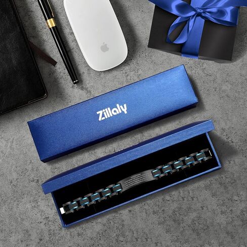 Zillaly Men's Stainless Steel Two-Tone Square Link diamond Bracelet in Black & Blue Ion-Plated Black in Kuwait