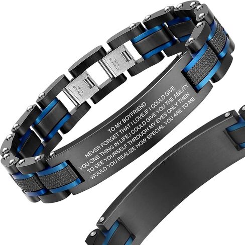 Zillaly Men's Stainless Steel Two-Tone Square Link diamond Bracelet in Black & Blue Ion-Plated Black in Kuwait