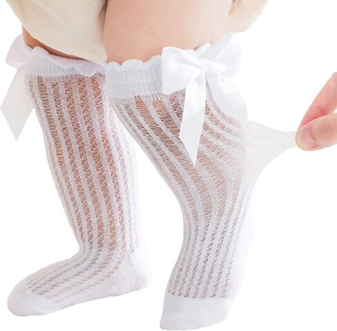 5 Pack Baby Girl Knee High Socks Mesh Breathable Toddler Long Stockings Cute Bow Newborn Cotton Socks in Saudi Arabia