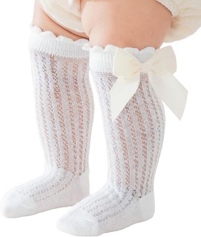 5 Pack Baby Girl Knee High Socks Mesh Breathable Toddler Long Stockings Cute Bow Newborn Cotton Socks in Saudi Arabia
