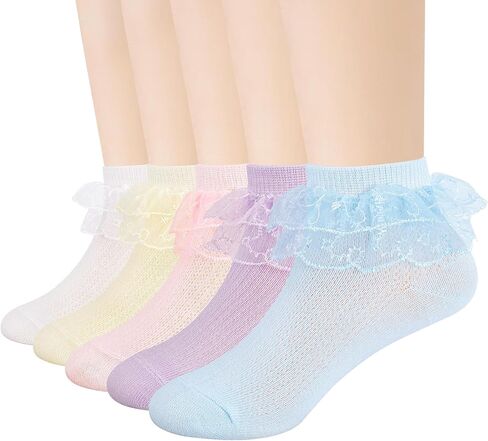Meeshine Toddler Baby Girls Ruffle Lace Socks Princess Eyelet Frilly Mesh Dress Cotton Ankle Socks for 1-9T Kids 5 Pairs in Saudi Arabia