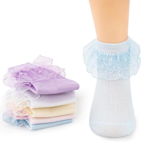 Meeshine Toddler Baby Girls Ruffle Lace Socks Princess Eyelet Frilly Mesh Dress Cotton Ankle Socks for 1-9T Kids 5 Pairs in Saudi Arabia