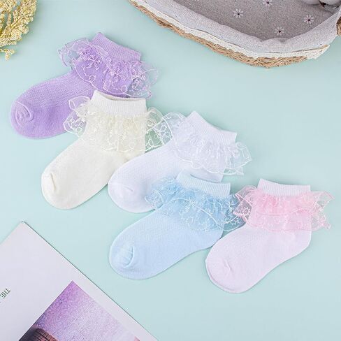 Meeshine Toddler Baby Girls Ruffle Lace Socks Princess Eyelet Frilly Mesh Dress Cotton Ankle Socks for 1-9T Kids 5 Pairs in Saudi Arabia