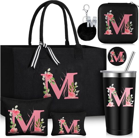 7 Pcs Initial Gifts Sets for Women Initial Tote Bag Monogram Makeup Bag Initial Cup Birthday Gift for Bride Women Mom(Letter M) in Saudi Arabia
