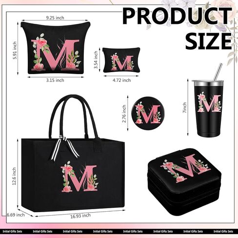 7 Pcs Initial Gifts Sets for Women Initial Tote Bag Monogram Makeup Bag Initial Cup Birthday Gift for Bride Women Mom(Letter M) in Saudi Arabia