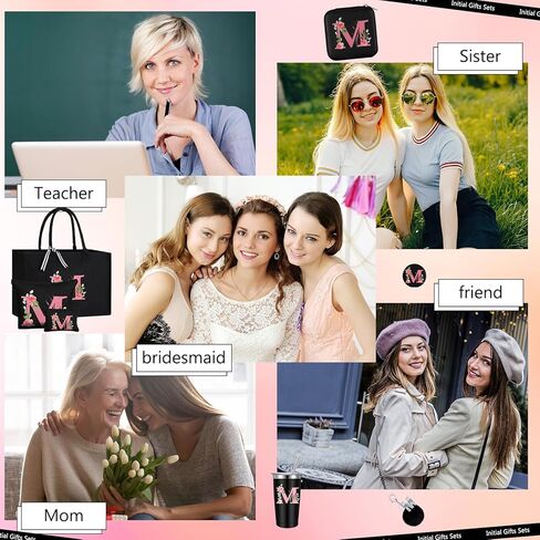7 Pcs Initial Gifts Sets for Women Initial Tote Bag Monogram Makeup Bag Initial Cup Birthday Gift for Bride Women Mom(Letter M) in Saudi Arabia
