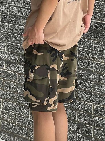 OYOANGLE Men's Camo Print Drawstring Elastic Waist Flap Pocket Shorts Casual Straight Leg Sport Shorts in Saudi Arabia