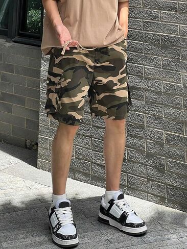 OYOANGLE Men's Camo Print Drawstring Elastic Waist Flap Pocket Shorts Casual Straight Leg Sport Shorts in Saudi Arabia