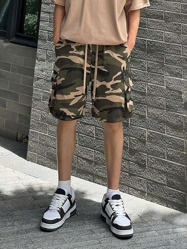 OYOANGLE Men's Camo Print Drawstring Elastic Waist Flap Pocket Shorts Casual Straight Leg Sport Shorts in Saudi Arabia