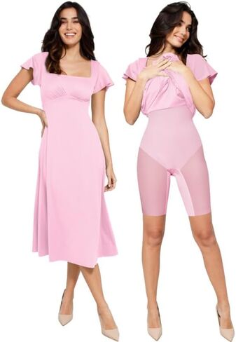 Popilush The Shapewear Dress Built-in Bra Short Sleeve Square Neck A-Line Flowy Wedding Guest Midi Dresses for Women in Saudi Arabia