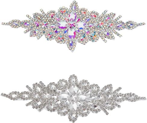 FINGERINSPIRE 2pcs Rhinestone Applique for Dress (Black,9.5x3.7inch) Iron on/Sew Crystal Patch Hotfix Diamond Sewing Appliques for Bridal Dress, Gowns, Headpiece, Belt or Other Item Decoration in Saudi Arabia