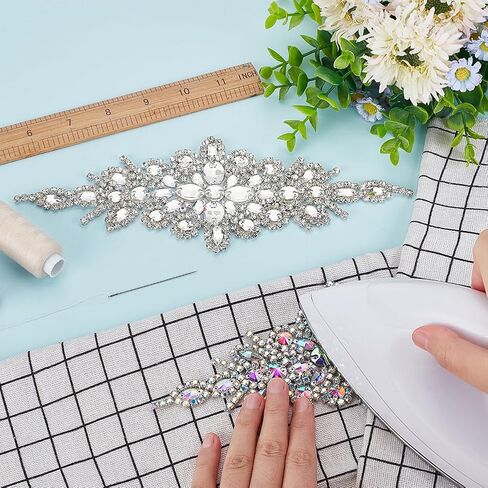 FINGERINSPIRE 2pcs Rhinestone Applique for Dress (Black,9.5x3.7inch) Iron on/Sew Crystal Patch Hotfix Diamond Sewing Appliques for Bridal Dress, Gowns, Headpiece, Belt or Other Item Decoration in Saudi Arabia