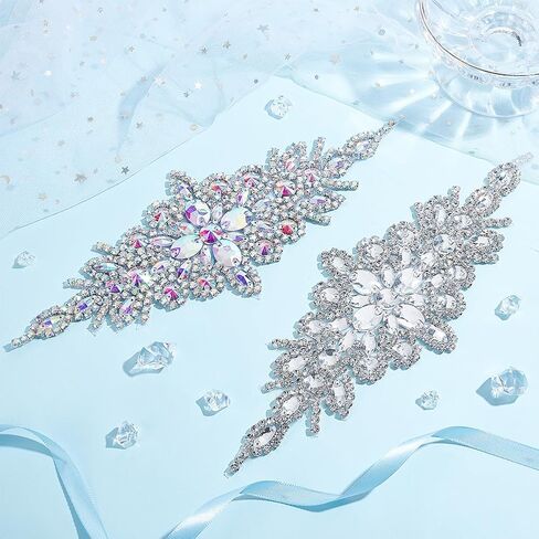 FINGERINSPIRE 2pcs Rhinestone Applique for Dress (Black,9.5x3.7inch) Iron on/Sew Crystal Patch Hotfix Diamond Sewing Appliques for Bridal Dress, Gowns, Headpiece, Belt or Other Item Decoration in Saudi Arabia