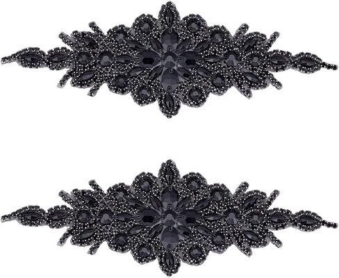 FINGERINSPIRE 2pcs Rhinestone Applique for Dress (Black,9.5x3.7inch) Iron on/Sew Crystal Patch Hotfix Diamond Sewing Appliques for Bridal Dress, Gowns, Headpiece, Belt or Other Item Decoration in Saudi Arabia