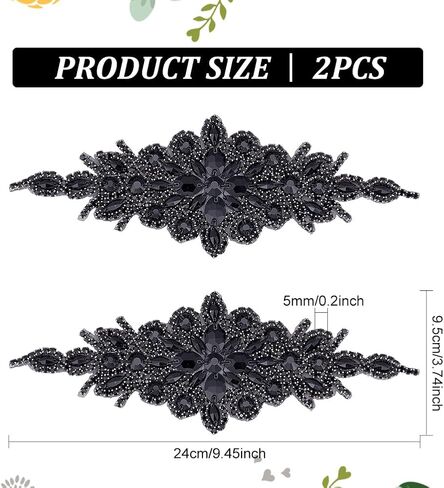 FINGERINSPIRE 2pcs Rhinestone Applique for Dress (Black,9.5x3.7inch) Iron on/Sew Crystal Patch Hotfix Diamond Sewing Appliques for Bridal Dress, Gowns, Headpiece, Belt or Other Item Decoration in Saudi Arabia