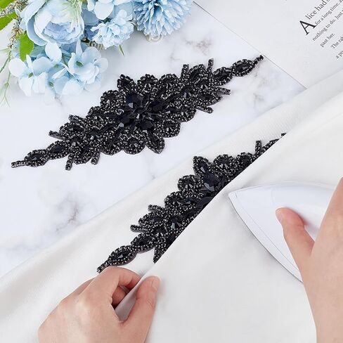 FINGERINSPIRE 2pcs Rhinestone Applique for Dress (Black,9.5x3.7inch) Iron on/Sew Crystal Patch Hotfix Diamond Sewing Appliques for Bridal Dress, Gowns, Headpiece, Belt or Other Item Decoration in Saudi Arabia