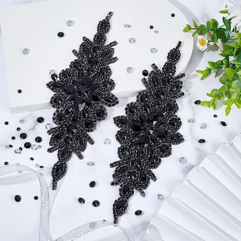 FINGERINSPIRE 2pcs Rhinestone Applique for Dress (Black,9.5x3.7inch) Iron on/Sew Crystal Patch Hotfix Diamond Sewing Appliques for Bridal Dress, Gowns, Headpiece, Belt or Other Item Decoration in Saudi Arabia