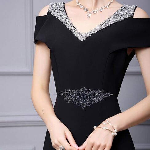 FINGERINSPIRE 2pcs Rhinestone Applique for Dress (Black,9.5x3.7inch) Iron on/Sew Crystal Patch Hotfix Diamond Sewing Appliques for Bridal Dress, Gowns, Headpiece, Belt or Other Item Decoration in Saudi Arabia