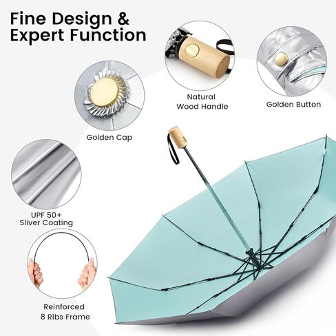G4Free UPF 50+ UV Protection Travel Umbrella with Wooden Handle 42 Inch Lightweight Sun Rain Folding Umbrellas Auto Open Close in Saudi Arabia