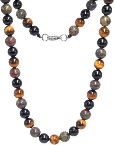 Protection Crystals Beaded Necklace for Men - Natural Tigers Eye Bloodstone Obsidian Healing Crystals Beads Necklace, Mens Chakra Stone Necklace Birthday Fathers Day Gifts for Dad Son Husband in Kuwait