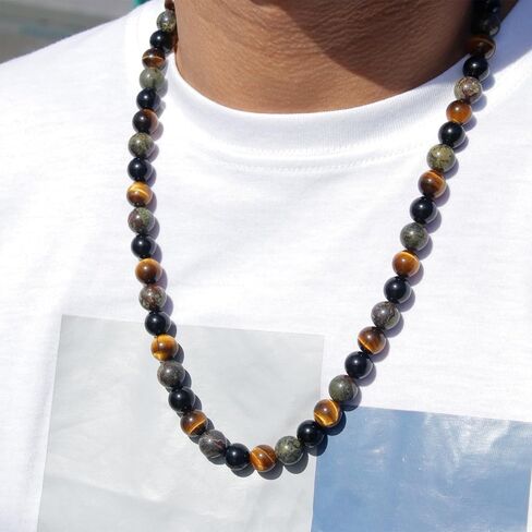 Protection Crystals Beaded Necklace for Men - Natural Tigers Eye Bloodstone Obsidian Healing Crystals Beads Necklace, Mens Chakra Stone Necklace Birthday Fathers Day Gifts for Dad Son Husband in Kuwait