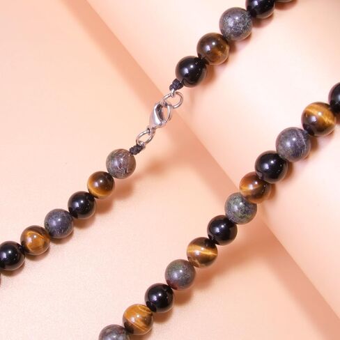 Protection Crystals Beaded Necklace for Men - Natural Tigers Eye Bloodstone Obsidian Healing Crystals Beads Necklace, Mens Chakra Stone Necklace Birthday Fathers Day Gifts for Dad Son Husband in Kuwait