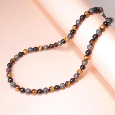 Protection Crystals Beaded Necklace for Men - Natural Tigers Eye Bloodstone Obsidian Healing Crystals Beads Necklace, Mens Chakra Stone Necklace Birthday Fathers Day Gifts for Dad Son Husband in Kuwait