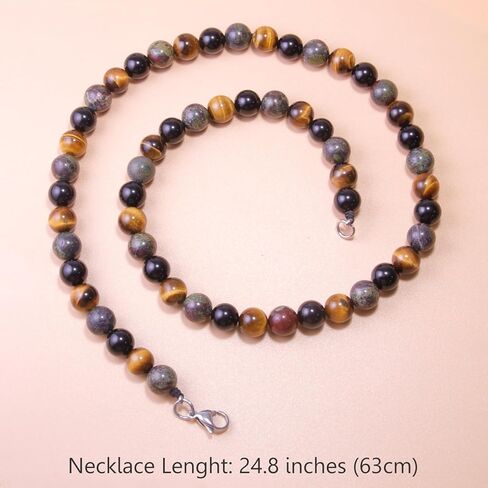 Protection Crystals Beaded Necklace for Men - Natural Tigers Eye Bloodstone Obsidian Healing Crystals Beads Necklace, Mens Chakra Stone Necklace Birthday Fathers Day Gifts for Dad Son Husband in Kuwait