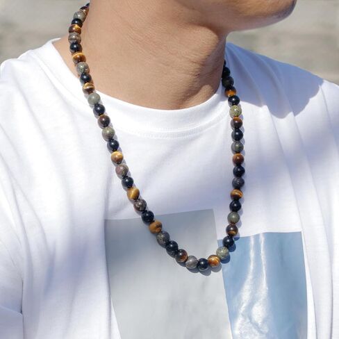 Protection Crystals Beaded Necklace for Men - Natural Tigers Eye Bloodstone Obsidian Healing Crystals Beads Necklace, Mens Chakra Stone Necklace Birthday Fathers Day Gifts for Dad Son Husband in Kuwait
