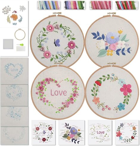 Ebherys Level2: مجموعتان من العبوة، 1 طوق و1 إطار أبيض، طقم تطريز يدوي للبالغين، غير متقاطع، حفل زفاف وهدية، غرز جديدة من تنورة الشاش والشعر الطويل (الزفاف) in Kuwait