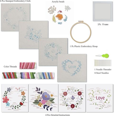 Ebherys Level2: مجموعتان من العبوة، 1 طوق و1 إطار أبيض، طقم تطريز يدوي للبالغين، غير متقاطع، حفل زفاف وهدية، غرز جديدة من تنورة الشاش والشعر الطويل (الزفاف) in Kuwait