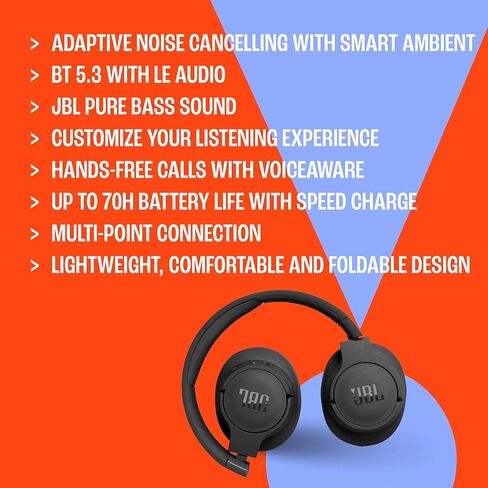 JBL Tune 770NC - Adaptive Noise Cancelling with Smart Ambient Wireless Over-Ear Headphones, Bluetooth 5.3, Up to 70H Battery Life with Speed Charge, Lightweight, Comfortable & Foldable Design (Black) in Saudi Arabia