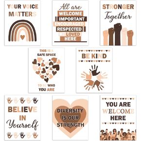 JewGewenil Diversity Growth Mindset Poster Set - 8Pcs Black History Month Neutral Equality Sign Multicultural Educational Posters for Classroom, 8" x 10" Motivational Inclusion Prints Decor for School in Saudi Arabia