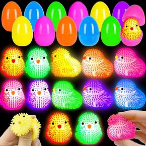 12 Pcs Easter LED Light-Up Puffer Chick Toys with Colorful Eggs | Reusable Sensory Fidget Stress Relief Toys for Kids Adults | Easter Basket Stuffers Fillers, Party Favors, Classroom Prizes in Saudi Arabia