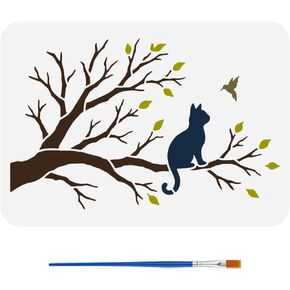 استنسل أشجار FINGERINSPIRE مع فرشاة 29.7 × 21 سم / 11.7 × 8.3 بوصة استنسل رسم للقطط قابل لإعادة الاستخدام على شكل طيور الحيوانات الأليفة، قالب تزيين على شكل حيوان للرسم على أثاث الأرضيات الخشبية in Kuwait