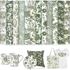 JarThenaAMCS 12 Sheets Green Floral Heat Transfer Vinyl HTV Iron on Vinyl Vintage Chinoiserie Flower Adhesive Vinyls for Clothing Costume DIY Fabric Crafts, 12 x 10 Inch in Saudi Arabia