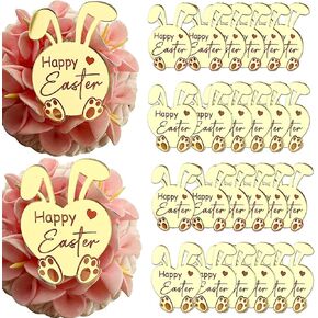24 قطعة من أغطية الكب كيك على شكل أرنب عيد الفصح السعيد، أكريليك مرآة ذهبية، 1.57 × 2.16 بوصة، لوازم حفلات تزيين كعكة عيد الفصح in Kuwait